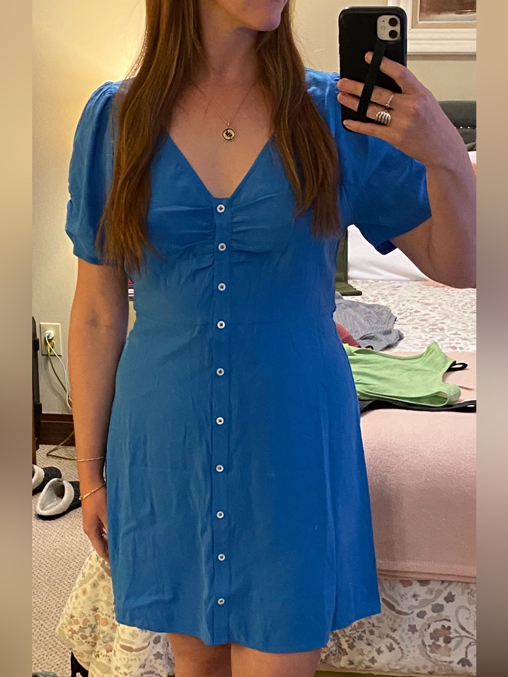 Blue Button-Front V-Neck Women’s Dress